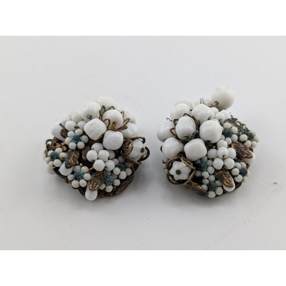 Vintage Clip On Earrings White Glass Bead Cluster